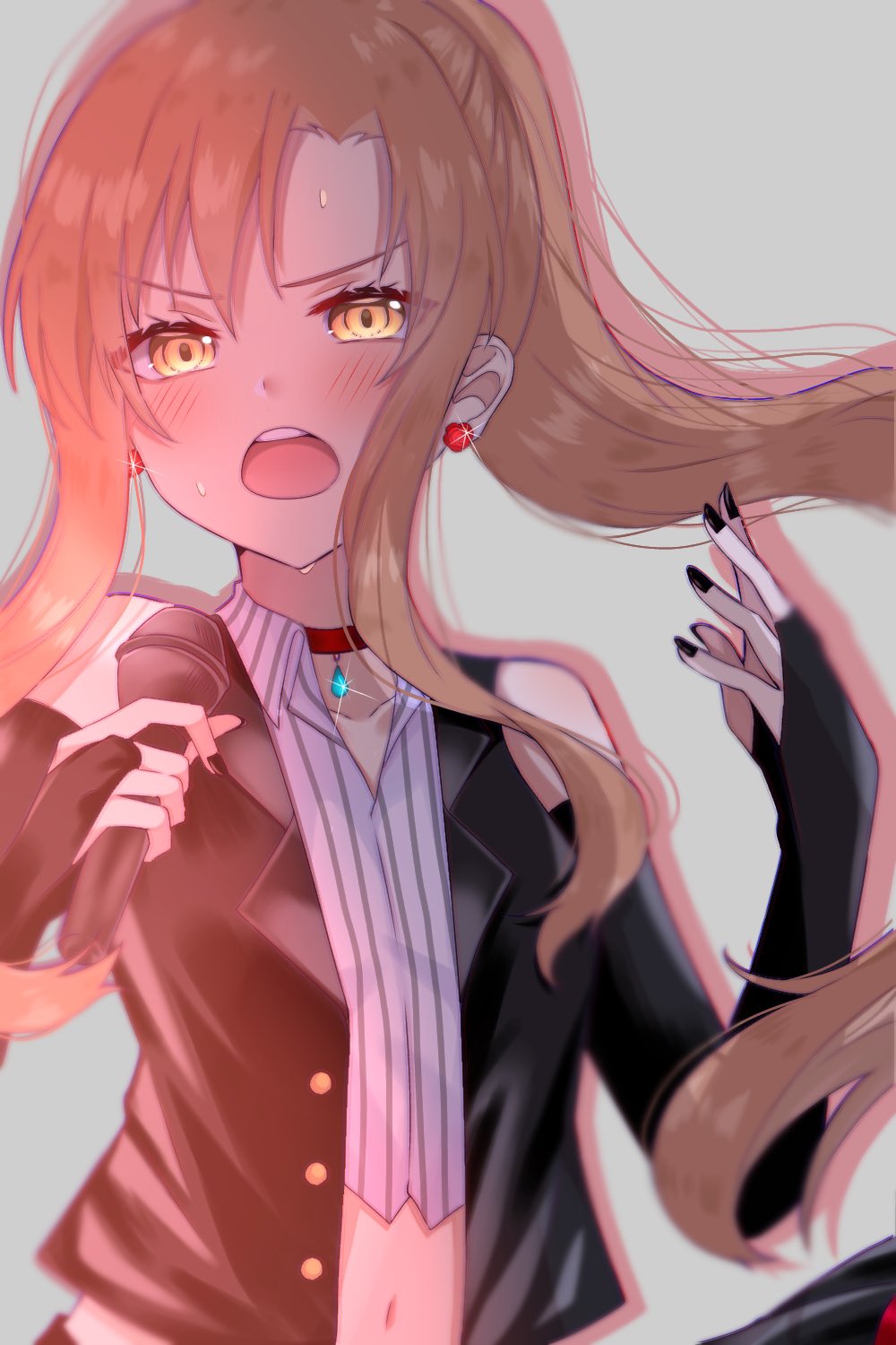 1girl asuna_(sao) black_nails black_sleeves black_vest blush brown_hair choker collarbone collared_shirt crop_top detached_sleeves dress_shirt earrings floating_hair grey_background highres holding holding_microphone jewelry long_hair long_sleeves looking_at_viewer microphone midriff miruka1024 nail_polish navel open_mouth pendant ponytail red_choker shadow shiny shiny_hair shirt sketch solo sparkle stomach striped striped_shirt sword_art_online upper_body vertical-striped_shirt vertical_stripes vest white_shirt wing_collar