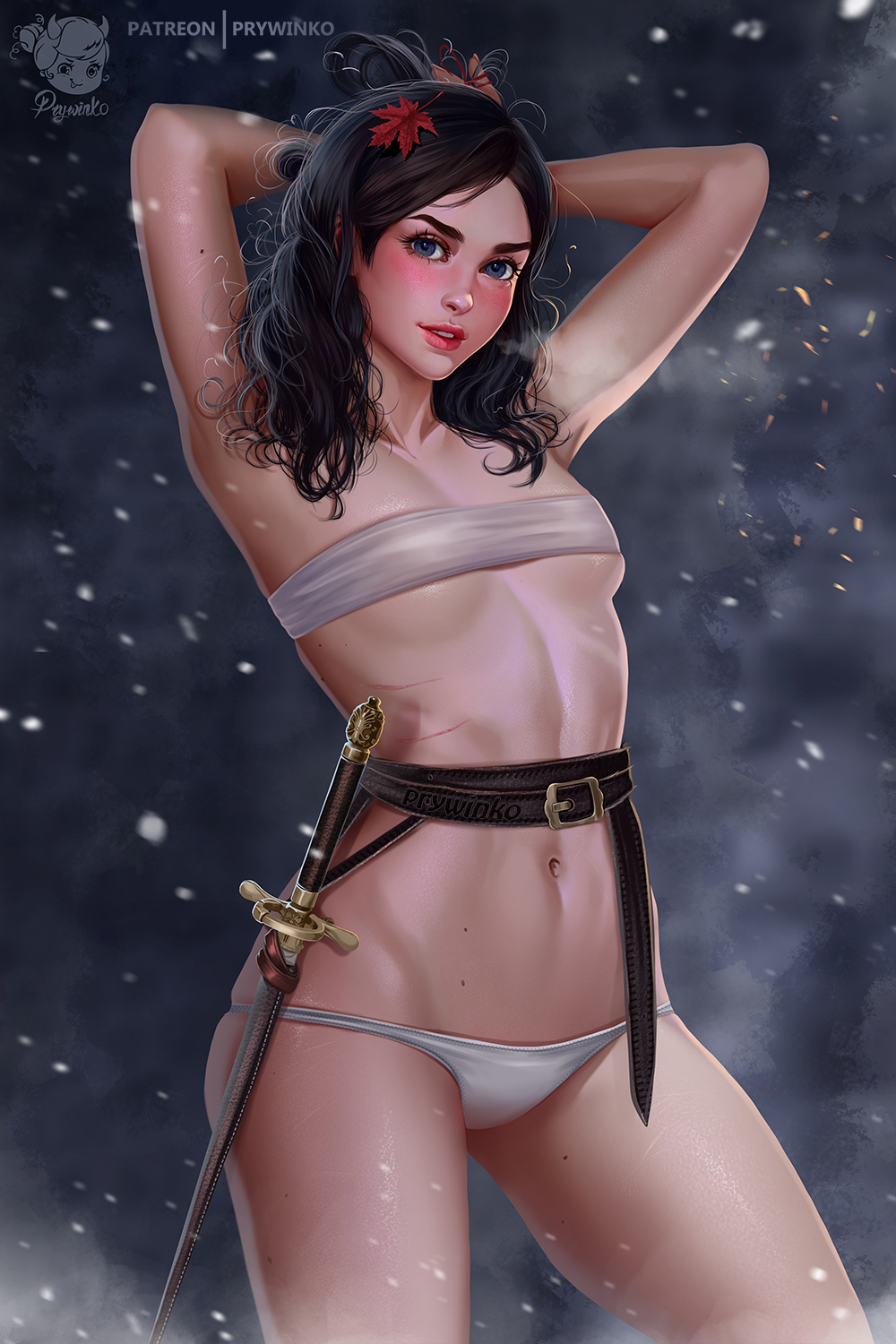 1girl armpits arms_behind_back artist_name arya_stark bandeau belt black_eyes black_hair blush breasts cowboy_shot game_of_thrones groin highres looking_at_viewer mole mole_on_stomach mole_on_thigh navel panties patreon_username prywinko small_breasts smile snow solo sword thighs underwear weapon white_bandeau white_panties