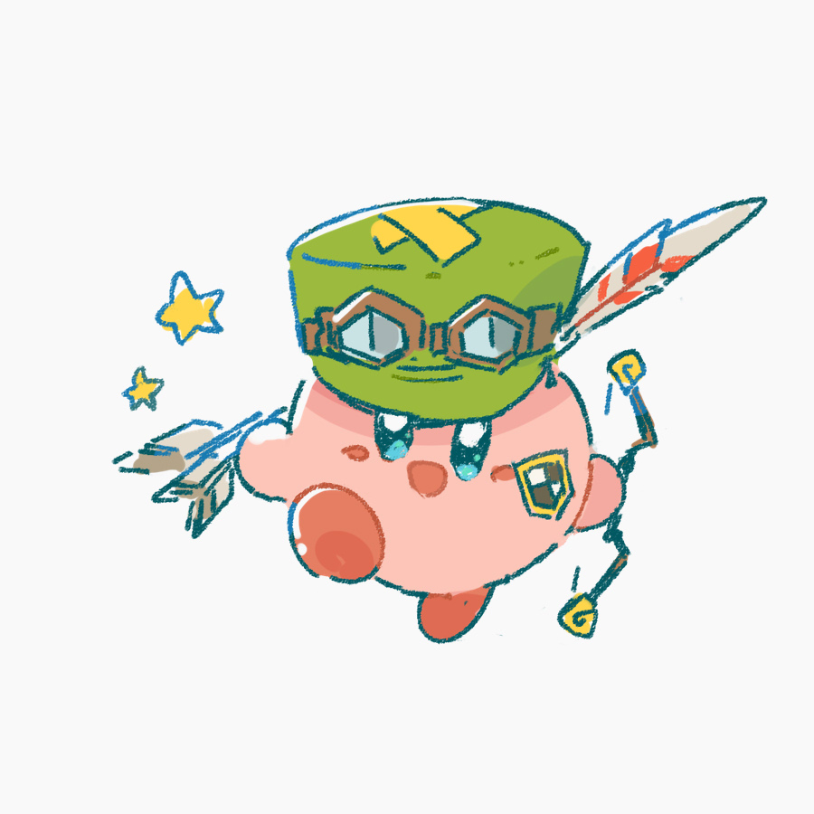 :d arrow_(projectile) blush_stickers bow bow_(weapon) copy_ability cosplay full_body goggles goggles_on_headwear green_headwear hat hat_feather holding holding_arrow holding_bow_(weapon) holding_weapon kirby kirby_(series) motimamire ranger_(sekaiju) ranger_(sekaiju)_(cosplay) sekaiju_no_meikyuu sekaiju_no_meikyuu_1 simple_background smile weapon white_background