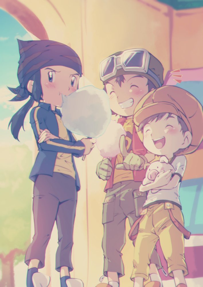 3boys bandana black_hair blue_eyes blue_sky brown_hair child commentary_request cotton_candy day digimon digimon_frontier eating food gloves goggles goggles_on_head goggles_on_headwear hat himi_tomoki holding holding_food indoors jacket kanbara_takuya koujidf male_child male_focus minamoto_kouji multiple_boys open_mouth shirt short_hair sky stuffed_animal stuffed_pig stuffed_toy teeth toy