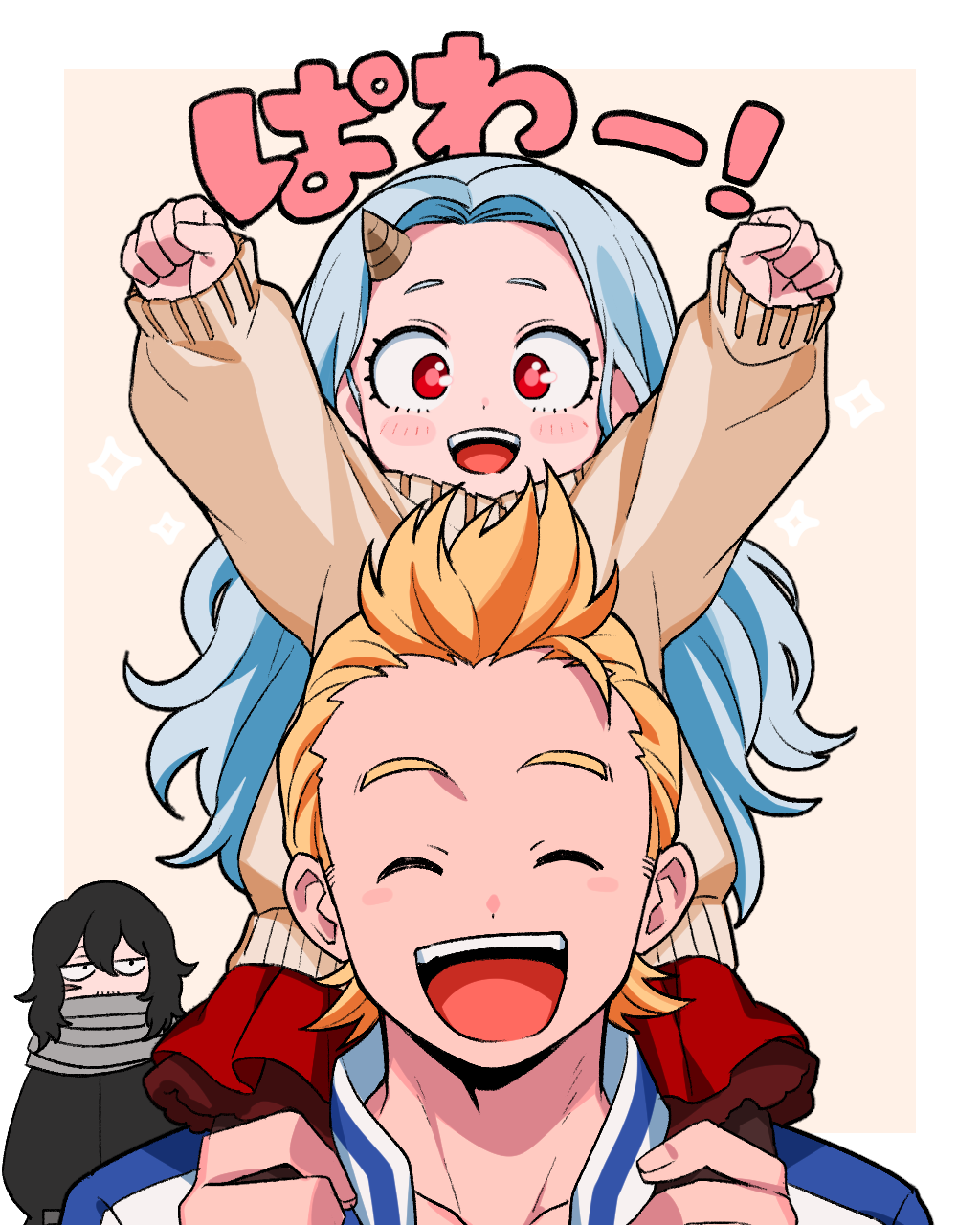 1girl 2boys arms_up black_hair blonde_hair blue_hair blush boku_no_hero_academia border brown_horns brown_sweater carrying child clenched_hands closed_eyes commentary eraser_head_(boku_no_hero_academia) eri_(boku_no_hero_academia) female_child hand_on_another's_leg happy highres horns long_hair long_sleeves looking_at_viewer multiple_boys nns146 open_mouth orange_background outside_border piggyback red_eyes red_skirt scar scar_on_cheek scar_on_face scarf short_hair single_horn skirt smile sparkle sweater teeth togata_mirio translation_request upper_teeth white_border
