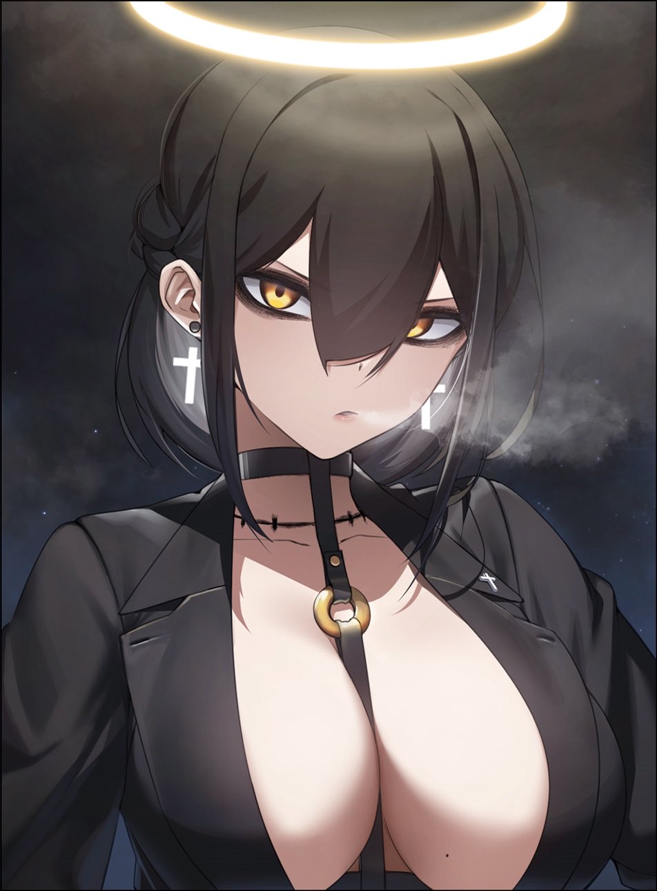 1girl behalter between_breasts black_hair breasts choker cross earrings formal hair_between_eyes halo highres jewelry large_breasts makeup mascara medium_hair mole mole_on_breast original scar scar_on_neck smoke solo suit yellow_eyes