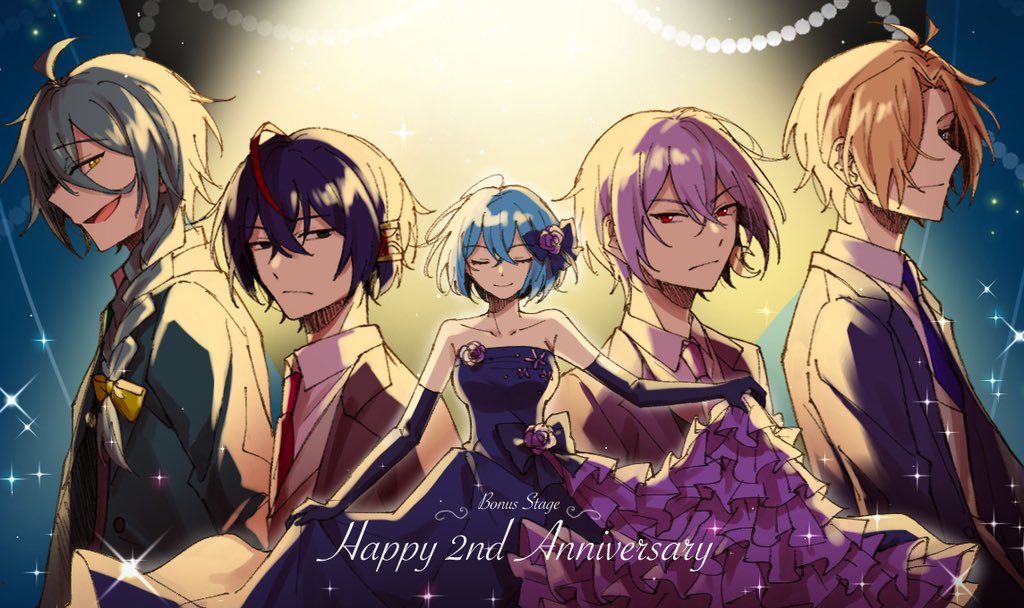 1girl 4boys :d ahoge anniversary antenna_hair aqua_hair ashe_bradley backlighting bamu_(bamu0504) bangs black_eyes black_hair blonde_hair blue_bow blue_dress blue_eyes blue_gloves blue_hair blue_jacket blue_necktie bow braid brown_jacket claire_elford closed_eyes closed_mouth collared_shirt commentary copyright_name cowboy_shot crescent crescent_earrings crossed_bangs dress dress_bow dress_flower earrings elbow_gloves english_commentary english_text expressionless facing_viewer flower formal frilled_dress frills from_side gloves green_jacket green_necktie hair_between_eyes hair_bow hair_over_one_eye hair_tubes jacket jewelry layered_dress long_hair looking_at_viewer multicolored_hair multiple_boys necktie noel_levine purple_flower purple_hair red_eyes red_hair red_necktie shirt short_hair sideways_mouth single_braid single_earring sirius_gibson skirt_hold smile sparkle spotlight straight-on strapless strapless_dress streaked_hair suit_jacket upper_body v-shaped_eyebrows white_shirt wilardo_adler witch's_heart yellow_bow yellow_eyes