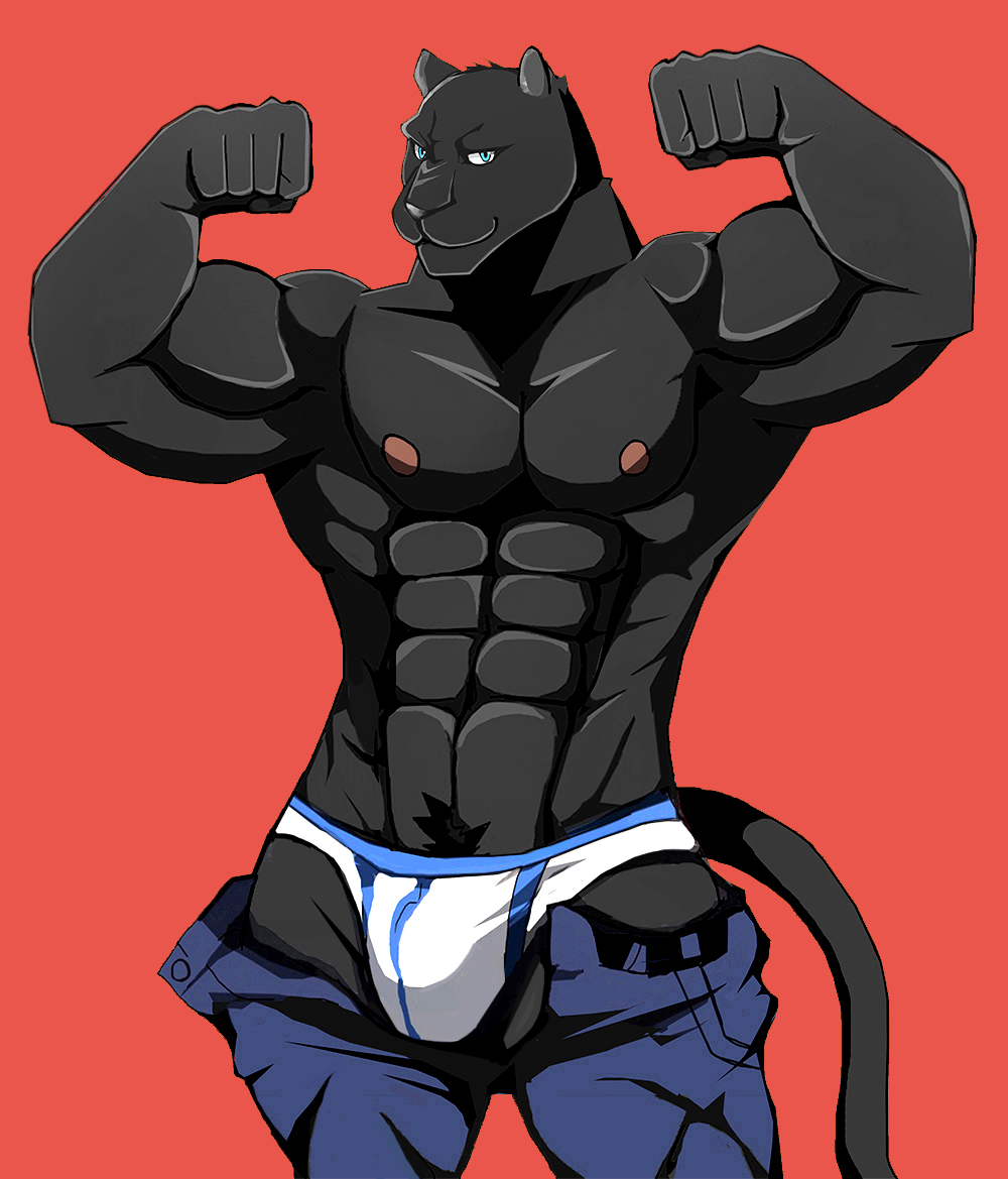 abs anthro bearlovestiger13 biceps black_body black_fur blue_eyes briefs bulge clothed clothing digital_media_(artwork) felid flexing fur half_naked looking_at_viewer male mammal muscular muscular_male nipples pantherine pecs pose simple_background smile solo topless unbuttoned_pants underwear