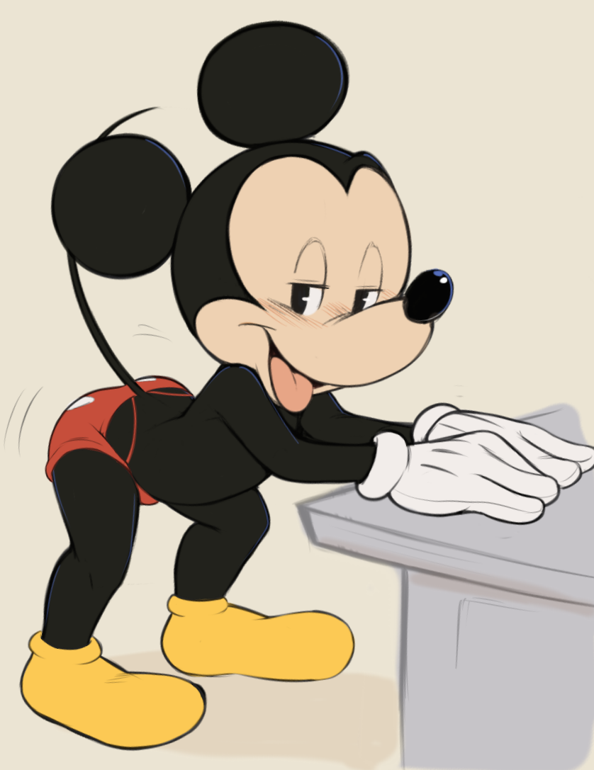 anthro black_body bulge clothing dandi disney gloves half-closed_eyes handwear looking_back male mammal mickey_mouse motion_lines mouse murid murine narrowed_eyes rodent simple_background solo solo_focus tongue tongue_out twerking