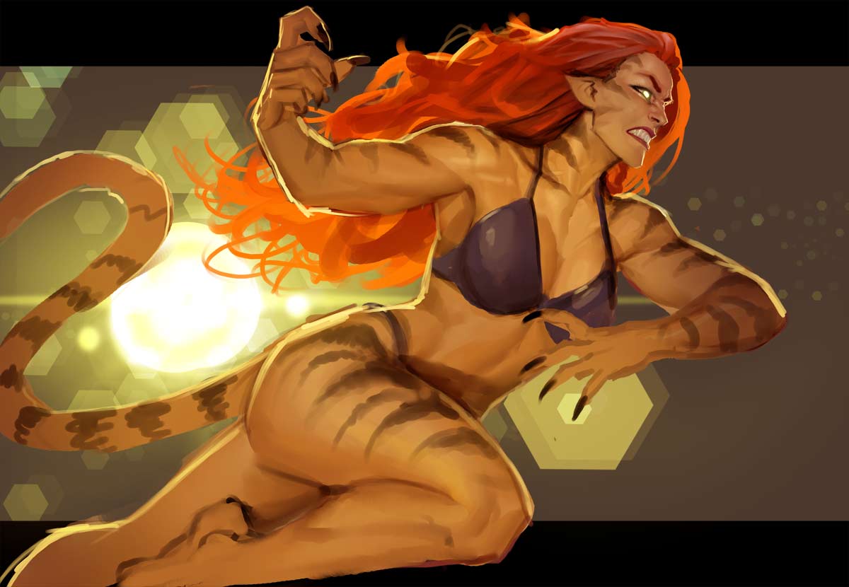 animal_humanoid athletic bikini clothing felid felid_humanoid female hair humanoid mammal marvel nebezial pantherine pantherine_humanoid red_hair solo swimsuit tiger_humanoid tigra