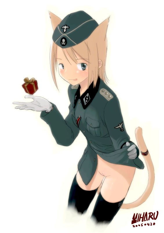 animal_ears bottomless cat_ears garrison_cap gift gloves hat ling_(cg_sky) military nazi original soldier solo tail thighhighs tongue uncensored uniform world_war_ii