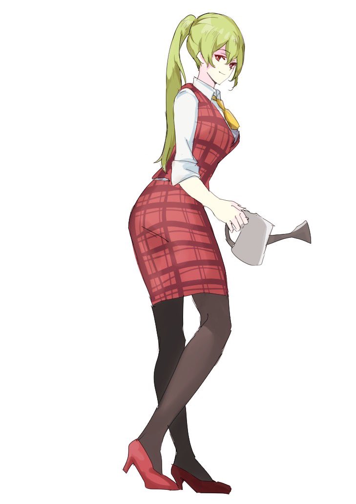 1girl ascot breasts collared_shirt from_side full_body green_hair high_heels holding holding_watering_can kazami_yuuka large_breasts long_hair long_sleeves looking_at_viewer looking_to_the_side pantyhose plaid plaid_skirt plaid_vest ponytail red_eyes red_footwear shirt simple_background skirt skirt_set sleeves_rolled_up smile solo tohoyuukarin touhou vest watering_can white_background yellow_ascot