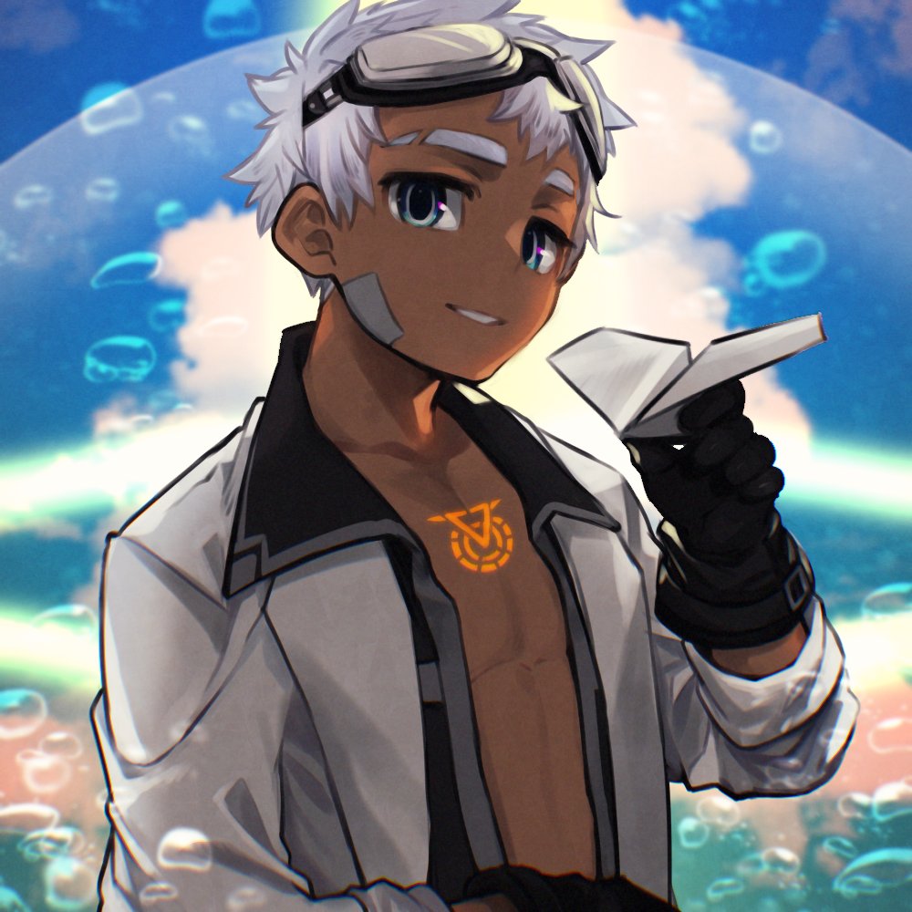 1boy bandaid bandaid_on_cheek bandaid_on_face black_gloves blue_eyes chest_tattoo commentary_request dark-skinned_male dark_skin gloves glowing_tattoo goggles goggles_on_head holding_paper_airplane isaac_(housamo) labcoat looking_at_viewer male_focus mid_(mid_skb) open_jumpsuit open_mouth paper_airplane short_hair sky smile solo tattoo tokyo_afterschool_summoners upper_body white_hair