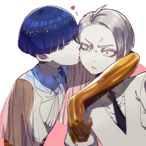 2others ^_^ androgynous annoyed arm_around_shoulder arm_on_shoulder bangs blue_hair blunt_bangs cairngorm_(houseki_no_kuni) closed_eyes closed_mouth collar collared_shirt colored_eyelashes colored_skin eyebrows_visible_through_hair eyelashes gem_uniform_(houseki_no_kuni) golden_arms grey_hair heart houseki_no_kuni kiss kissing_cheek kuzudon lowres moon_uniform_(houseki_no_kuni) multiple_others necktie other_focus parted_hair phosphophyllite phosphophyllite_(ll) pulled_by_another see-through see-through_sleeves shirt simple_background surprise_kiss surprised v-shaped_eyebrows white_skin wide_sleeves