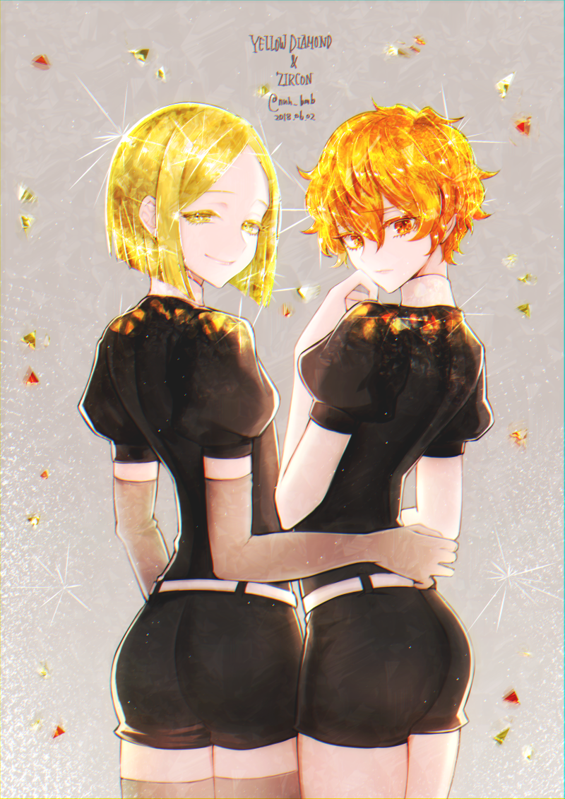 2others androgynous ass bangs belt blonde_hair character_name collared_shirt colored_eyelashes colored_skin dated elbow_gloves eyelashes frown gem_uniform_(houseki_no_kuni) gloves hair_between_eyes hand_on_another's_waist high_collar houseki_no_kuni looking_at_viewer looking_back morino_bambi multiple_others orange_eyes orange_hair other_focus parted_bangs puffy_sleeves shards shiny shiny_hair shirt short_hair short_shorts shorts sidelocks smile smug straight_hair thighhighs wavy_hair white_belt white_skin yellow_diamond_(houseki_no_kuni) yellow_eyes zircon_(houseki_no_kuni)