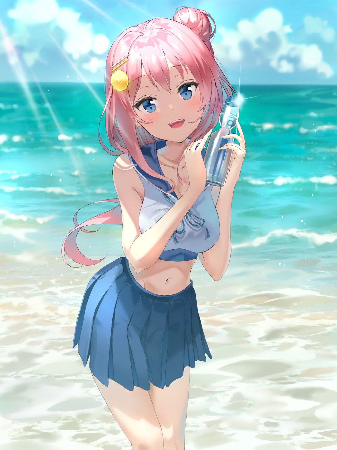 1girl :d bare_arms bare_shoulders beach blue_eyes blue_skirt bottle breasts collarbone crop_top day hair_bun hair_ornament hairclip hands_up highres holding light_rays long_hair looking_at_viewer medium_breasts midriff navel ocean open_mouth original outdoors pink_hair pleated_skirt sailor_collar shaffelli shirt side_bun skirt sleeveless sleeveless_shirt smile solo standing stomach sunbeam sunlight thighs water water_bottle white_shirt