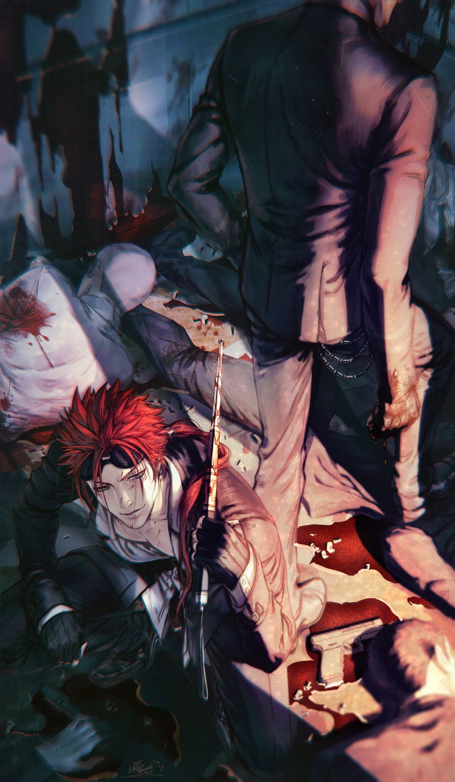 black_suit blood blood_on_face blood_on_ground blood_on_wall chain corpse dress_shoes facial_mark final_fantasy final_fantasy_vii final_fantasy_vii_remake fingerless_gloves formal gloves goggles goggles_on_head gun handgun highres jiao_mao low_ponytail multiple_boys open_clothes open_shirt over_shoulder red_hair reno_(ff7) rod rude_(ff7) spiked_hair squatting standing suit weapon weapon_over_shoulder