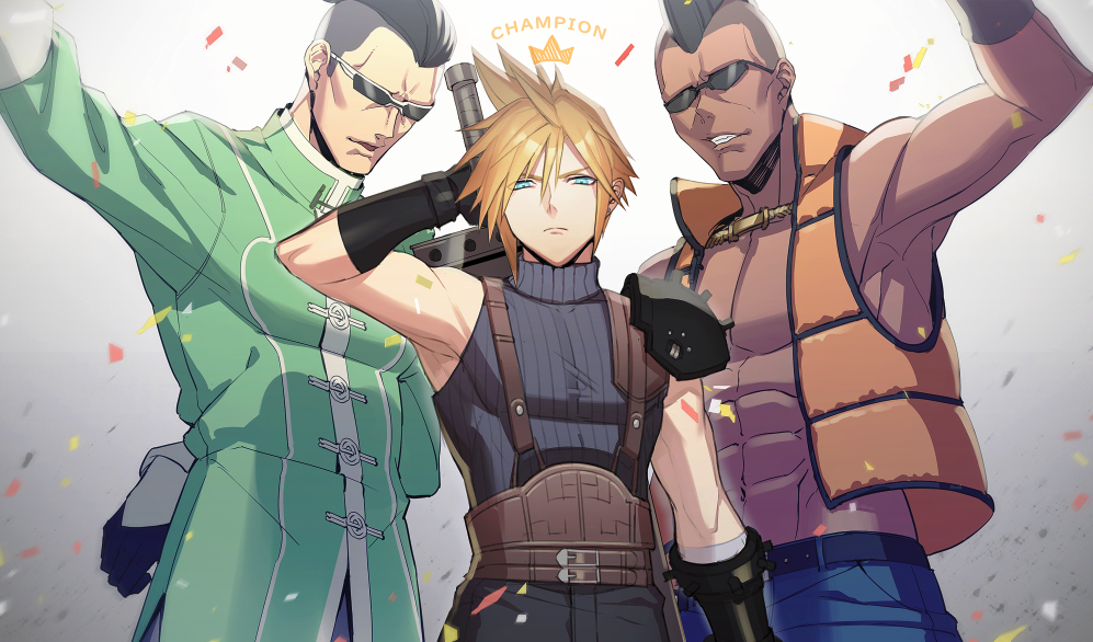 3boys abs arm_behind_back arm_up armor asymmetrical_hair belt blonde_hair blue_eyes blue_pants blue_shirt buster_sword clenched_teeth cloud_strife coat confetti crown dark-skinned_male dark_skin final_fantasy final_fantasy_vii final_fantasy_vii_remake gloves gradient gradient_background green_coat hair_between_eyes hotch jewelry jou_(mono) mohawk multiple_belts multiple_boys muscular muscular_male necklace orange_vest pants parted_lips pectorals scotch shirt short_hair shoulder_armor sleeveless sleeveless_turtleneck spiked_hair sunglasses suspenders teeth turtleneck upper_body very_short_hair vest weapon weapon_on_back
