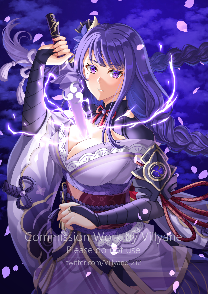 1girl braid breasts bridal_gauntlets cleavage commentary_request commission electricity genshin_impact hand_up human_scabbard japanese_clothes kimono long_hair looking_at_viewer medium_breasts obi off_shoulder parted_lips petals purple_eyes purple_hair purple_kimono raiden_shogun sash short_sleeves solo twin_braids very_long_hair villyane watermark web_address wide_sleeves
