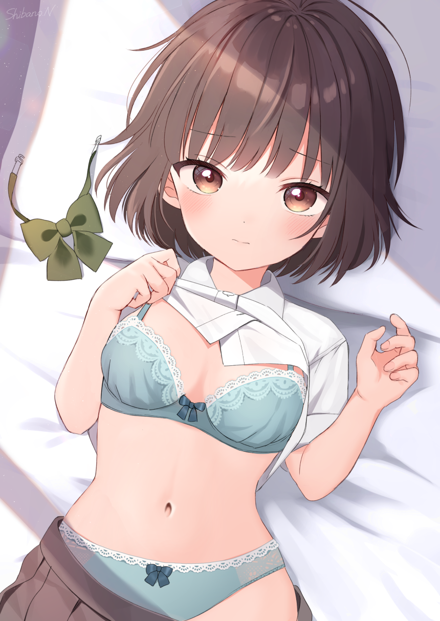 1girl aqua_bra aqua_panties bed bed_sheet blush bob_cut bow bow_bra bow_panties bowtie bowtie_removed bra breasts brown_eyes brown_hair brown_skirt closed_mouth clothes_lift commentary curled_fingers eyebrows_visible_through_hair fingernails green_bow highres looking_at_viewer lying navel on_back open_clothes open_skirt original paid_reward_available panties pillow pleated_skirt shirt shirt_lift short_hair short_sleeves signature skirt small_breasts solo underwear undressing uramakaron white_shirt