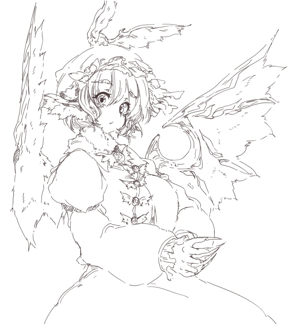 1girl animal_ears bird_ears bird_wings dress eyebrows_visible_through_hair fingernails hair_between_eyes juliet_sleeves long_fingernails long_sleeves monochrome monyomoke mystia_lorelei puffy_sleeves sharp_fingernails short_hair simple_background solo touhou upper_body white_background winged_hat wings