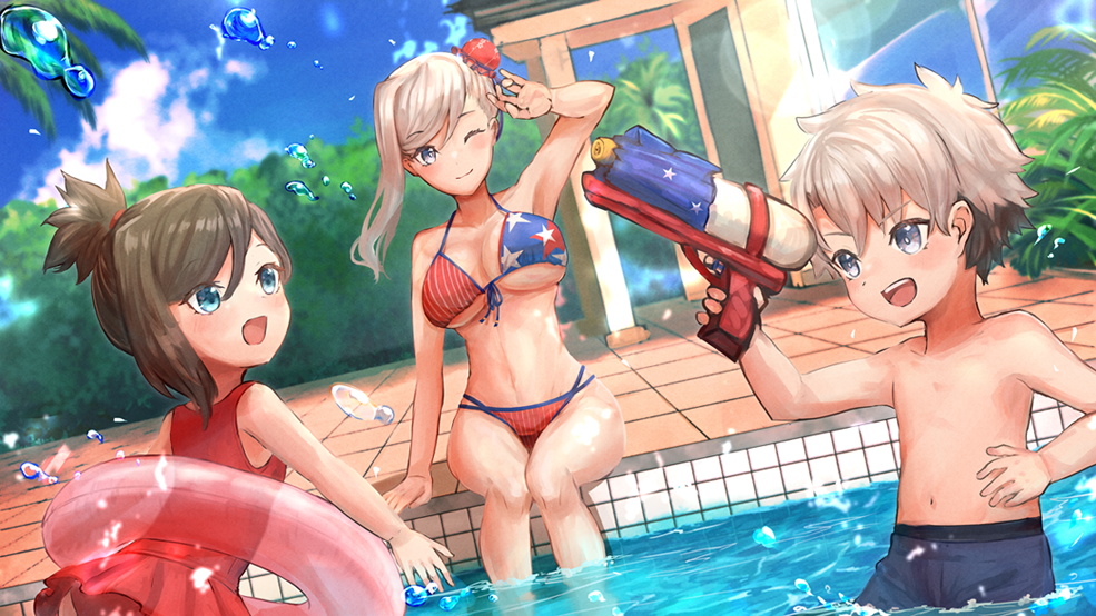 1boy 2girls american_flag_bikini asymmetrical_hair bangs bikini blue_eyes blue_sky breasts brother_and_sister brown_hair building bun_cover casual_one-piece_swimsuit day fate/grand_order fate_(series) flag_print grey_hair hair_bun innertube large_breasts long_hair male_swimwear miyamoto_musashi_(fate) miyamoto_musashi_(swimsuit_berserker)_(fate) miyamoto_musashi_(swimsuit_berserker)_(second_ascension)_(fate) mother_and_daughter mother_and_son multi-strapped_bikini multicolored_hair multiple_girls navel one-piece_swimsuit one_eye_closed outdoors pool print_swimsuit red_swimsuit siblings side_bun single_hair_intake single_sidelock sky smile soaking_feet swept_bangs swimsuit two-tone_hair water_gun wss_(nicoseiga19993411)