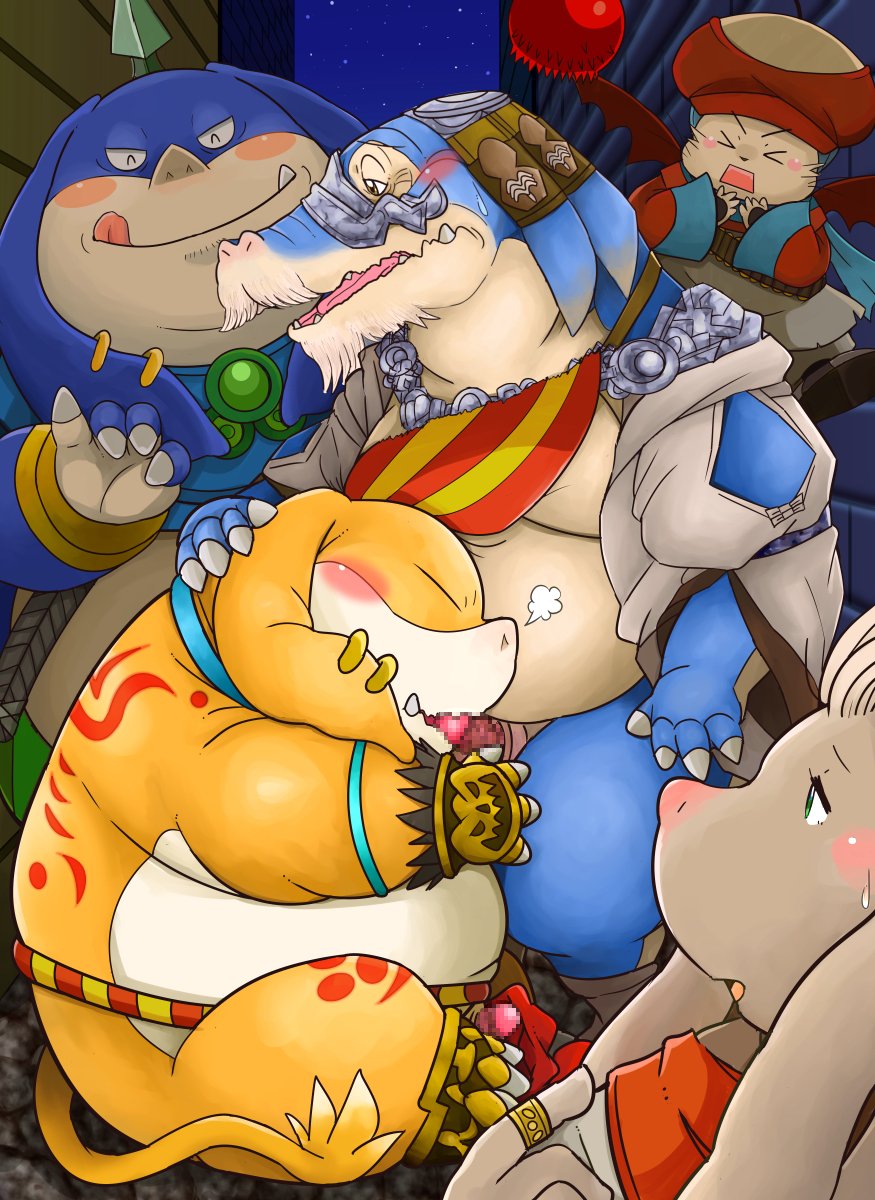 2022 anthro bangaa belly big_belly blue_body blush censored clothing eyes_closed final_fantasy final_fantasy_xii genitals grey_body group hat headgear headwear hi_res humanoid_hands kemono male male/male mammal migelo moobs moogle night norataro nu_mou outside overweight overweight_male penis seeq square_enix video_games wings yellow_body