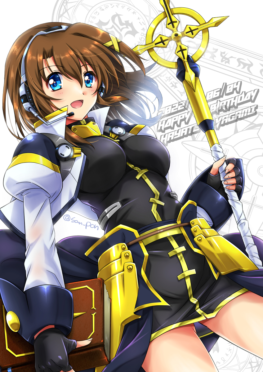 1girl armor black_dress blush breasts cropped_jacket dated dress faulds hair_ornament happy_birthday highres jacket looking_at_viewer lyrical_nanoha mahou_shoujo_lyrical_nanoha_strikers medium_breasts open_mouth san-pon shiny shiny_hair shiny_skin short_hair smile solo standing tome_of_the_night_sky x_hair_ornament yagami_hayate