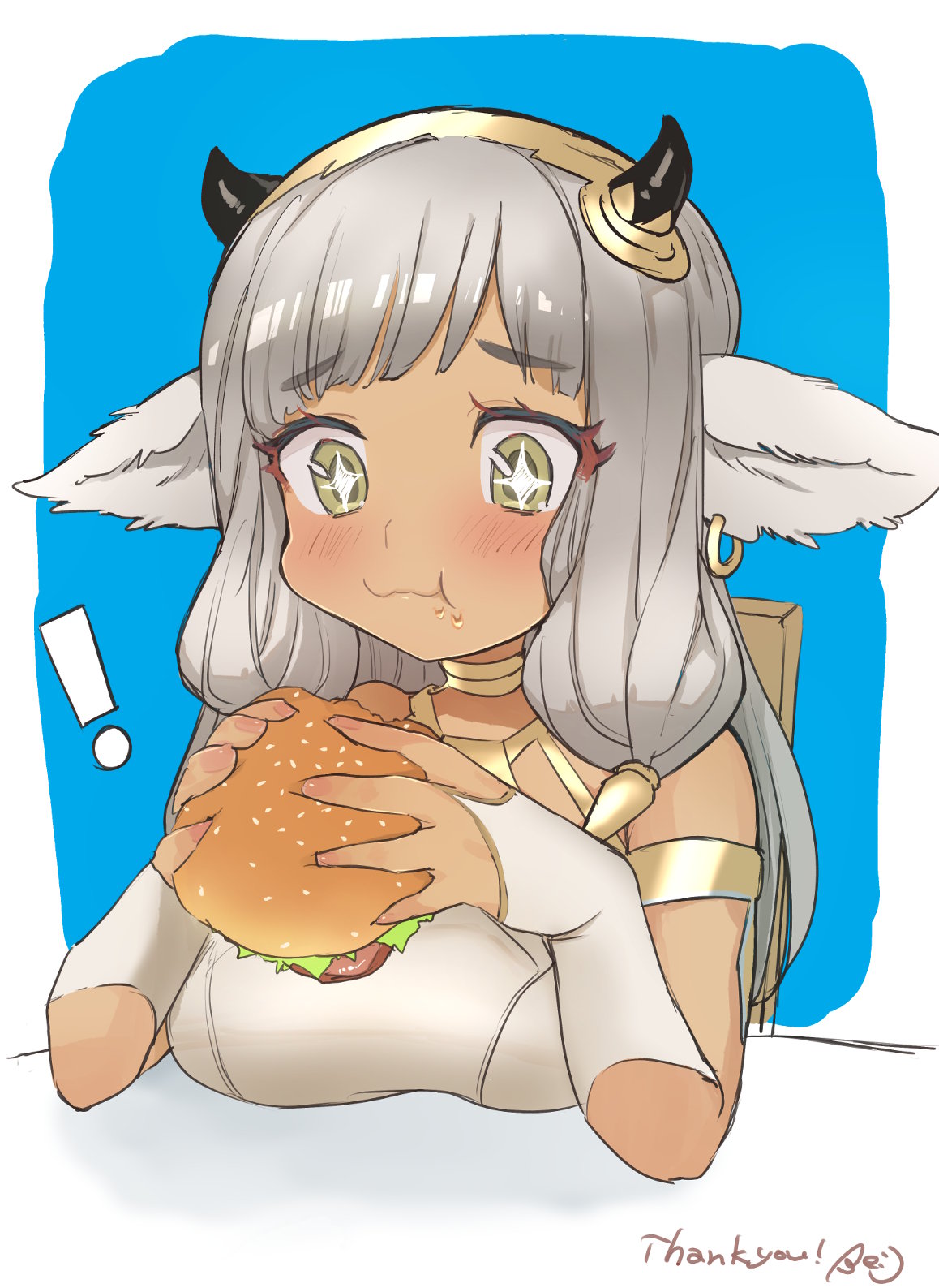 ! 1girl animal_ears ash_(fire_emblem) bangs bare_shoulders black_horns blunt_bangs blush bpunapuna bridal_gauntlets brown_eyes burger chair commentary commission cow_ears cow_girl cow_horns dark-skinned_female dark_skin dress ear_piercing eating english_commentary fire_emblem fire_emblem_heroes food food_on_face grey_hair hair_ornament highres holding holding_food horns long_hair piercing signature sitting solo table thank_you tiara white_dress