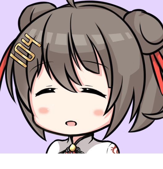 1girl :d ahoge azur_lane bangs blush brown_hair chibi double_bun eyebrows_visible_through_hair eyes_closed facing_viewer hair_between_eyes hair_ornament hair_ribbon hairclip nagato-chan open_mouth portrait purple_background red_ribbon ribbon short_hair side_bun simple_background smile solo tai_yuan_(azur_lane)