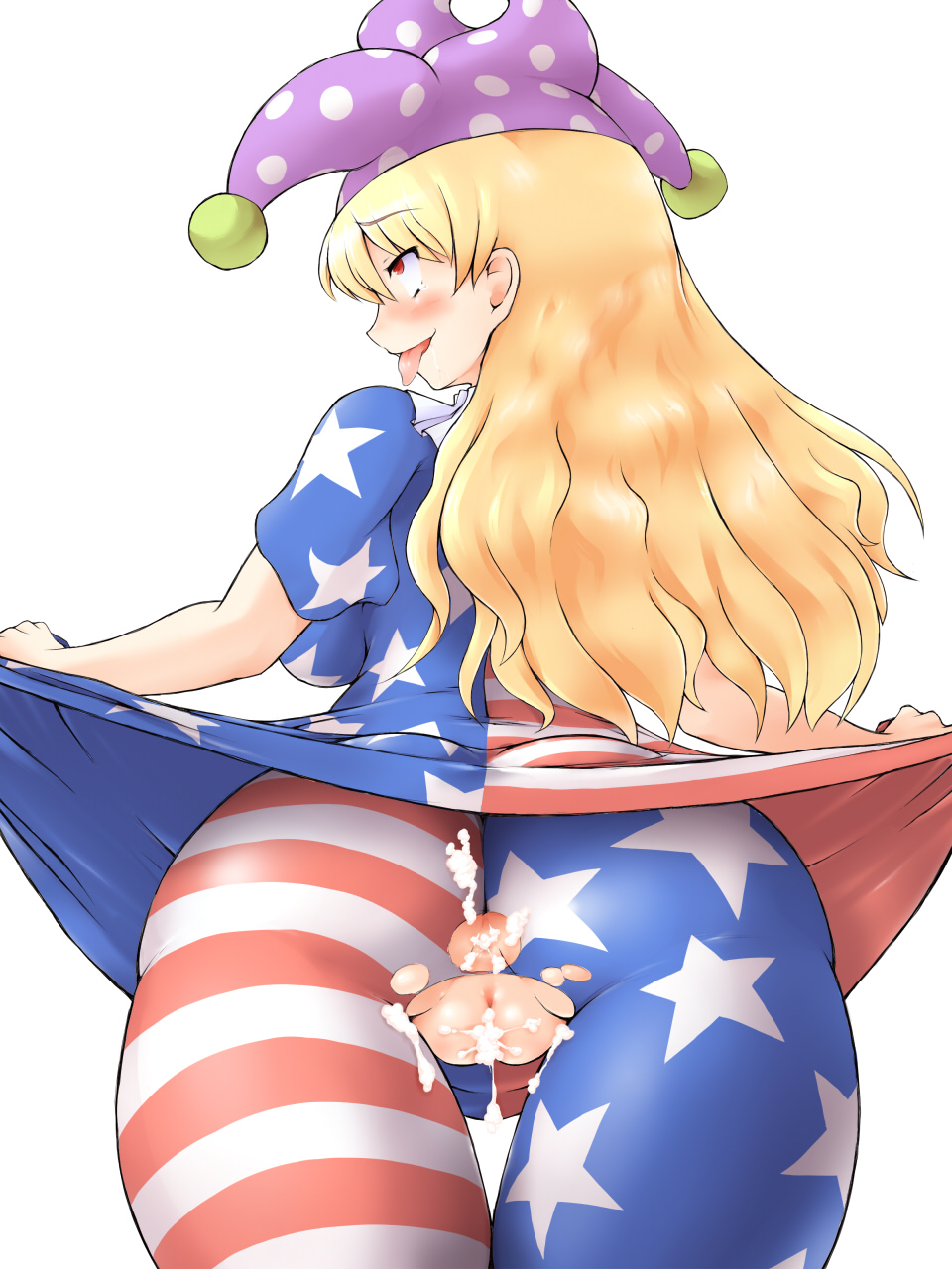 1girl aftersex ahegao american_flag american_flag_dress american_flag_legwear anus ass blonde_hair blush bondo breasts clownpiece commentary_request cum cum_in_ass cum_in_pussy cum_on_body cum_on_clothes cum_on_lower_body cumdrip dress dress_lift hat highres jester_cap large_breasts long_hair looking_up pantyhose polka_dot_hat presenting purple_hat pussy red_eyes short_sleeves skin_tight solo striped striped_legwear tears thick_thighs thighs tongue tongue_out torn_clothes torn_legwear touhou