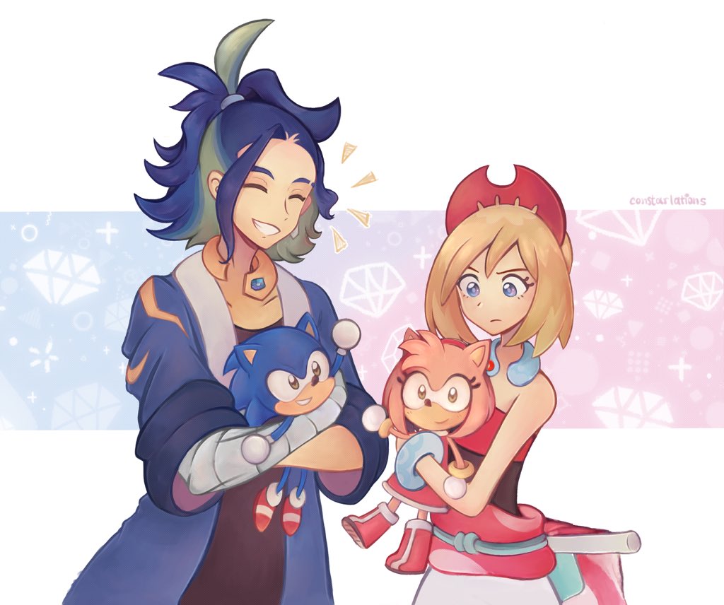 1boy 1girl :t adaman_(pokemon) amy_rose blonde_hair blue_background blue_hair constarlations green_hair irida_(pokemon) pink_background pokemon pokemon_(game) smile sonic_(series) sonic_the_hedgehog