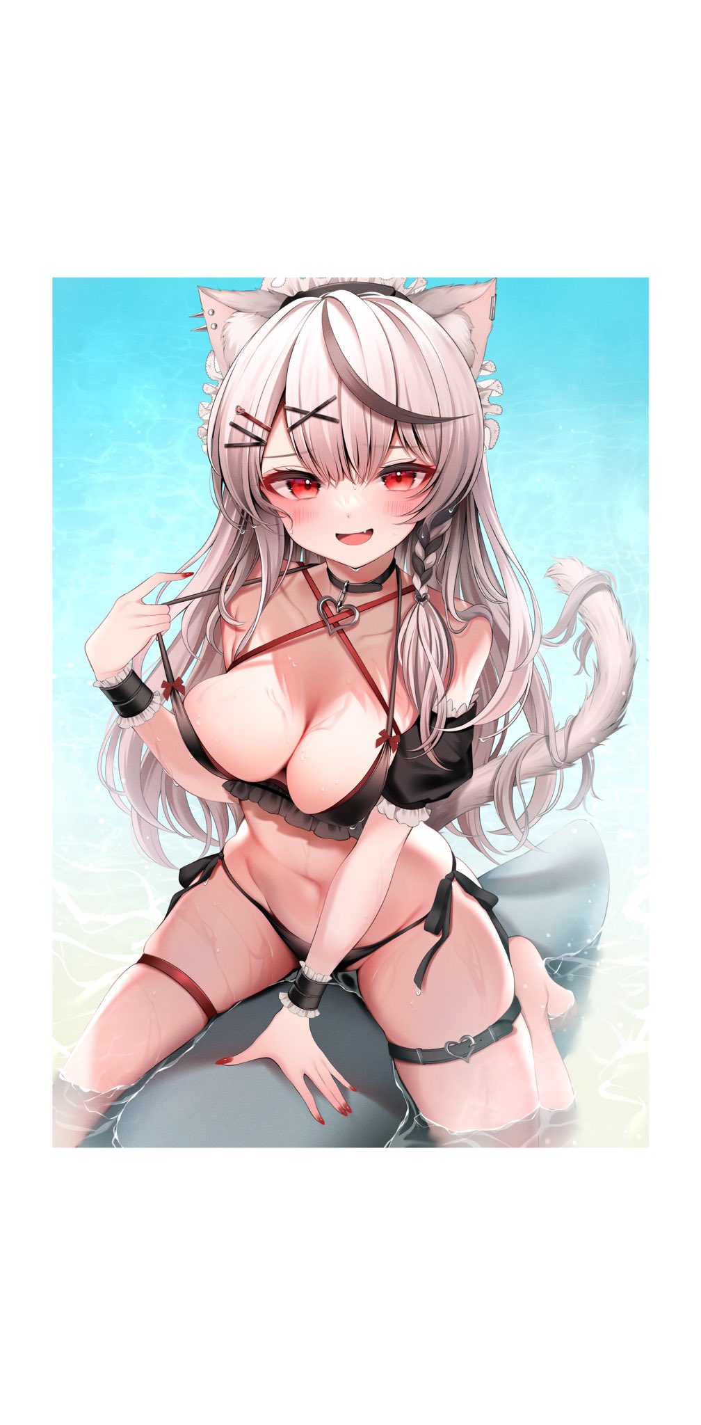 1girl animal_ears bangs barefoot bikini bikini_pull black_bikini black_collar blush braid breasts buckle cat_ears cat_tail cleavage clothes_pull collar commentary_request detached_sleeves ear_piercing fang frills furrowed_brow grey_hair hair_ornament hairclip hand_up heart heart-shaped_buckle heart_pendant highres hololive long_hair looking_at_viewer maid_headdress medium_breasts namagome_negi navel open_mouth partial_commentary piercing pulled_by_self red_eyes red_nails riding sakamata_chloe side-tie_bikini single_detached_sleeve skin_fang skindentation smile solo stomach strap_pull swimsuit tail thigh_strap virtual_youtuber water wavy_hair wet wrist_cuffs x_hair_ornament