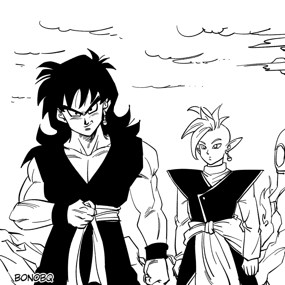 2boys artist_name bad_id bad_twitter_id bangs bonobq clenched_hand cloud cloudy_sky dougi dragon_ball dragon_ball_super earrings eyeshadow goku_black jewelry long_hair looking_at_viewer makeup male_focus mohawk monochrome multiple_boys muscular muscular_male pointy_ears possessed potara_earrings sash single_earring sky smirk v-shaped_eyebrows wristband yamcha zamasu