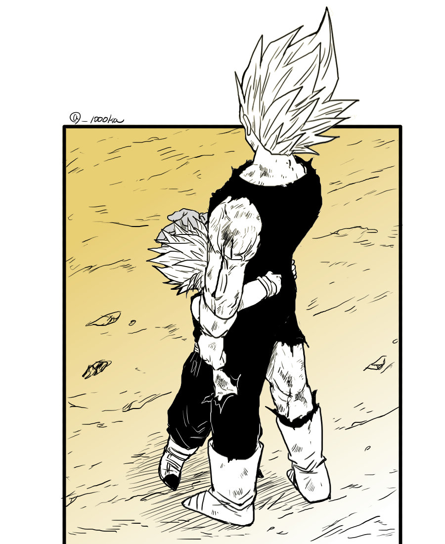 2boys bare_shoulders black_border blood blood_on_arm bodysuit boots border child commentary_request dougi dragon_ball dragon_ball_z father_and_son from_behind gloves hand_on_another's_head hug majin_vegeta male_child male_focus multiple_boys muscular muscular_male outside_border scuffed senka-san spiked_hair spot_color standing super_saiyan super_saiyan_1 super_saiyan_2 torn_clothes trunks_(dragon_ball) twitter_username vegeta veins wristband