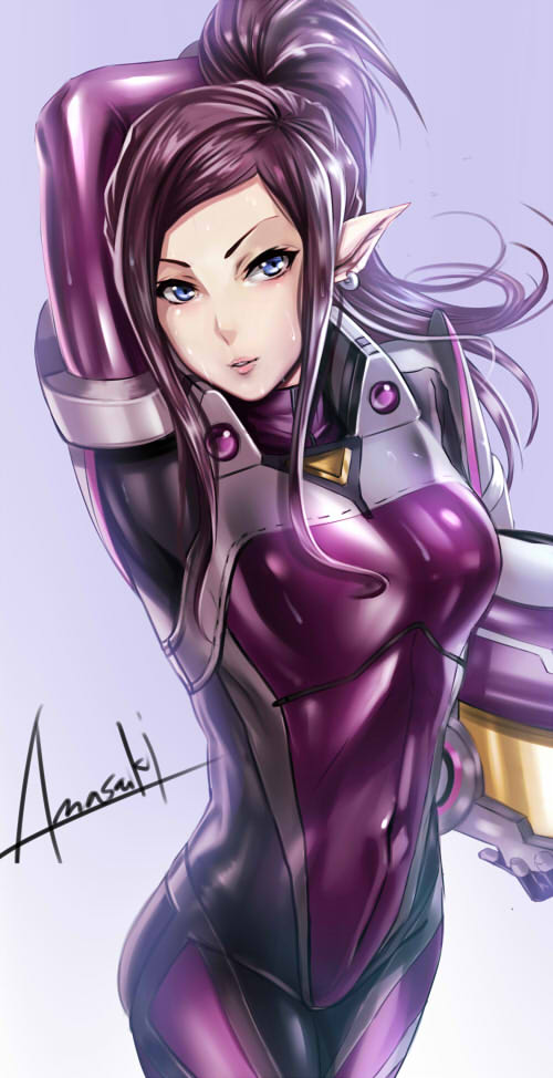 1girl amasaki_yusuke blue_eyes bodysuit breasts commentary_request cropped earrings gloves headwear_removed helmet helmet_removed jewelry lips looking_at_viewer macross macross_delta mirage_farina_jenius pilot_suit ponytail purple_hair science_fiction shiny signature spacesuit upper_body