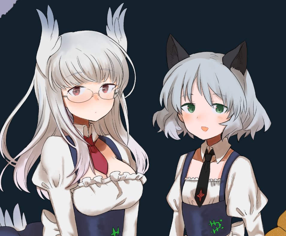 2girls animal_ears bird_ears breasts cat_ears clothing_request flat_chest glasses green_eyes heidimarie_w._schnaufer hirschgeweih_antennas ika_(hinatu1992) large_breasts looking_at_viewer multiple_girls necktie open_mouth puffy_sleeves red_eyes sanya_v._litvyak strike_witches upper_body white_hair world_witches_series