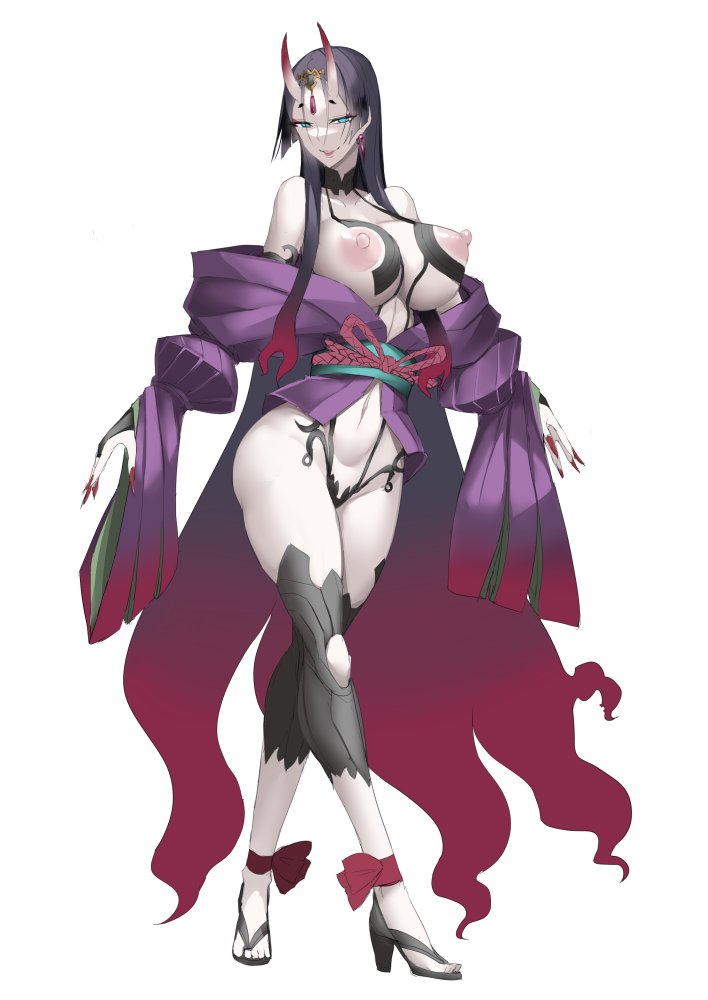 aqua_eyes bangs barefoot_sandals breasts cosplay cup fate/grand_order fate_(series) fusion horns huge_breasts japanese_clothes jiangshi_costume kimono ky. long_hair low-tied_long_hair minamoto_no_raikou_(fate) nipple_slip nipples oni_horns open_clothes open_kimono parted_bangs purple_hair purple_kimono revealing_clothes sakazuki shuten_douji_(fate) shuten_douji_(fate)_(cosplay) skin-covered_horns undersized_clothes very_long_hair