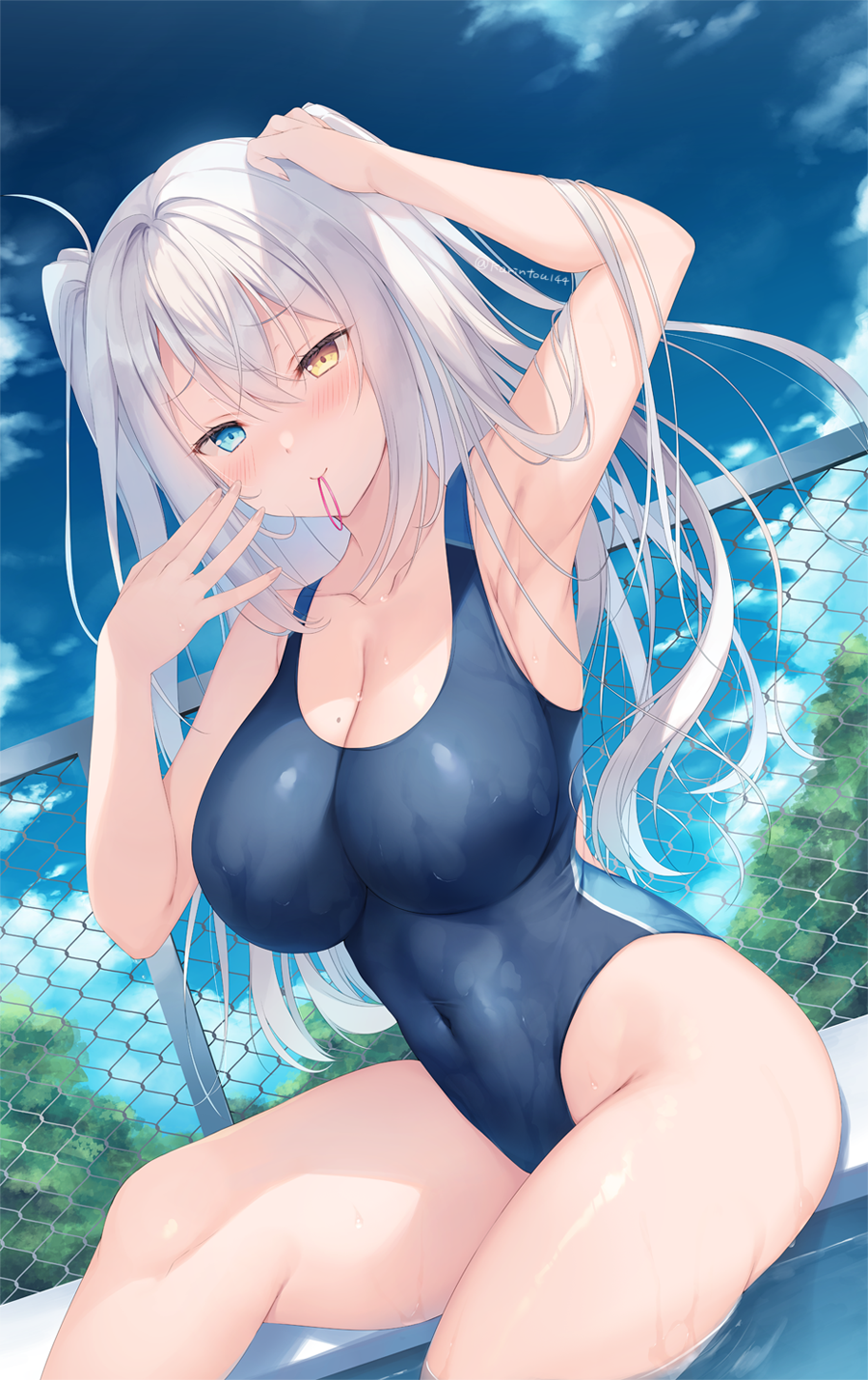 1girl aotsu_karin arm_up armpits artist_name bangs blue_eyes blue_swimsuit blush breasts chain-link_fence collarbone commentary_request competition_swimsuit covered_navel day eyebrows_visible_through_hair fence hair_tie hair_tie_in_mouth hand_up heterochromia highleg highleg_swimsuit highres large_breasts long_hair looking_at_viewer mole mole_on_breast mouth_hold one-piece_swimsuit original outdoors pool poolside sitting smile soaking_feet solo swimsuit twitter_username two_side_up tying_hair water wet white_hair yellow_eyes