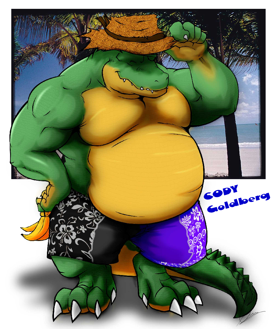 alligator alligatorid anthro banana belly big_belly clothing cody_goldberg crocodile crocodilian crocodylid food fruit hat headgear headwear male overweight overweight_anthro overweight_male plant reptile scalie smile solo straw_hat swimming_trunks swimwear timberwolfmax tropical