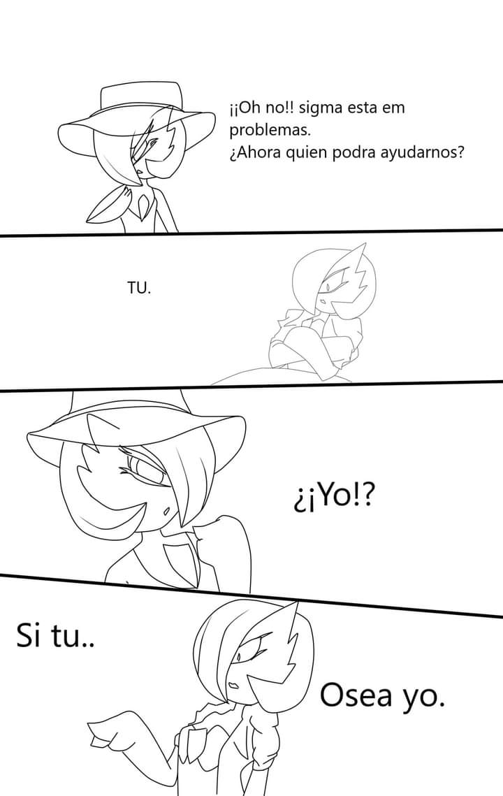 2021 3_fingers clothing comic dialogue duo female fingers gardevoir gesture hair hair_over_eye humanoid jacket line_art nintendo not_furry one_eye_obstructed pointing pointing_at_another pok&eacute;mon pok&eacute;mon_(species) renv saeko_(renv) spanish_text split_personality summer_hat talking_to_self text topwear translated video_games