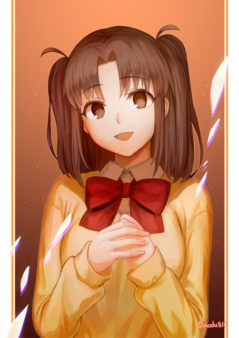 1girl bangs bow bowtie brown_eyes brown_hair cardigan collared_shirt commentary_request eyebrows_visible_through_hair long_hair long_sleeves looking_at_viewer modzu_(3705018) open_mouth own_hands_together parted_bangs pillarboxed red_bow school_uniform shirt smile solo tsukihime tsukihime_(remake) twitter_username two_side_up uniform upper_body white_shirt yellow_cardigan yumizuka_satsuki