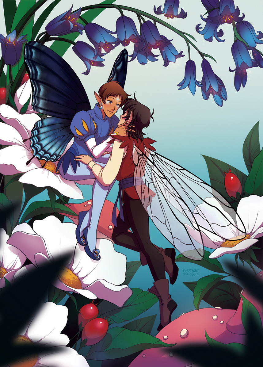 2boys alternate_universe black_hair boots brown_hair earrings eflunn_(emilylunn) facial_mark fairy fairy_wings flower jewelry keith_(voltron) lance_(voltron) multiple_boys pants pantyhose petals shoes transparent_wings voltron:_legendary_defender wings