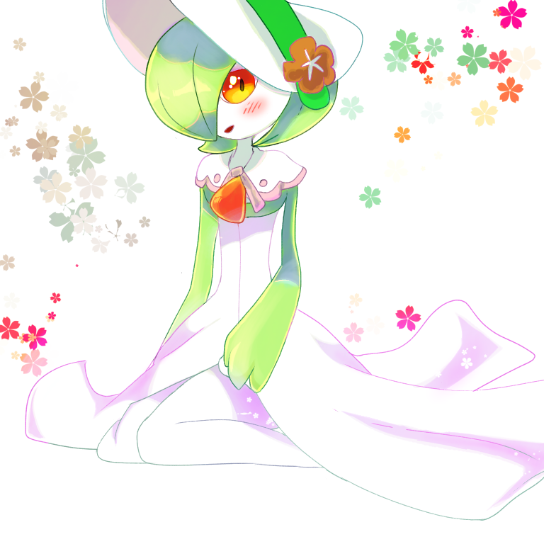 1girl bangs blush bob_cut bonnet capelet clothed_pokemon colored_skin commentary_request flat_chest flower full_body gardevoir green_hair green_skin hair_over_one_eye hao_(pixiv_10705622) happy hat hat_flower looking_at_viewer multicolored_skin one_eye_covered open_mouth orange_flower partial_commentary pink_trim pokemon pokemon_(creature) pokemon_(game) pokemon_unite red_eyes short_hair sitting smile solo two-tone_skin wariza white_background white_capelet white_headwear white_skin