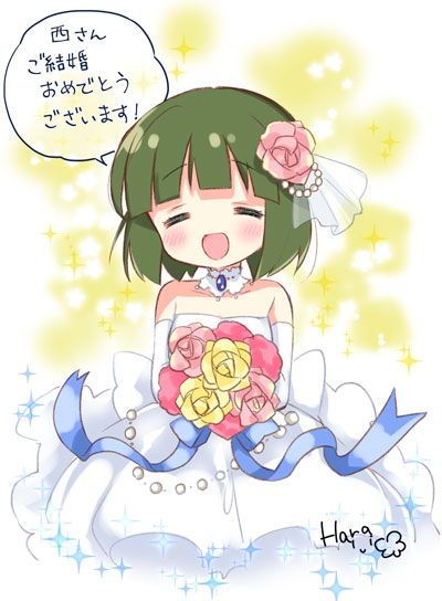 1girl artist_name bangs bare_shoulders blue_ribbon blunt_bangs blush bouquet breasts bridal_gauntlets bridal_veil collarbone commentary_request cowboy_shot dress english_commentary eyebrows_visible_through_hair flower green_hair hair_flower hair_ornament hara_yui hiragana holding holding_bouquet kanji katakana kin-iro_mosaic looking_at_viewer medium_breasts medium_hair mixed-language_commentary official_alternate_costume official_art oomiya_shinobu open_mouth raised_eyebrows ribbon rose shiny shiny_hair signature solo sparkle speech_bubble translation_request veil wedding_dress white_background white_dress yellow_background