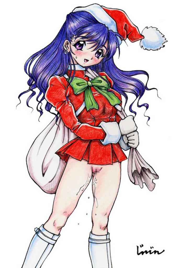blue_hair boots bottomless censored christmas copyright_request cum jinjin no_panties pussy santa_costume solo traditional_media