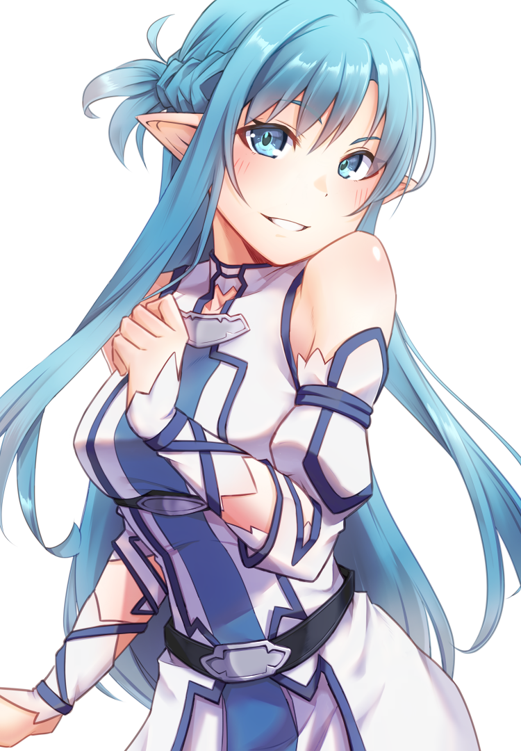 1girl asuna_(sao) asuna_(sao-alo) bangs bare_shoulders blue_dress blue_eyes blue_hair braid detached_sleeves dress french_braid long_hair looking_at_viewer parted_lips rei_k_79 shiny shiny_skin short_ponytail sleeveless sleeveless_dress smile solo sword_art_online two-tone_dress upper_body white_background white_dress white_sleeves