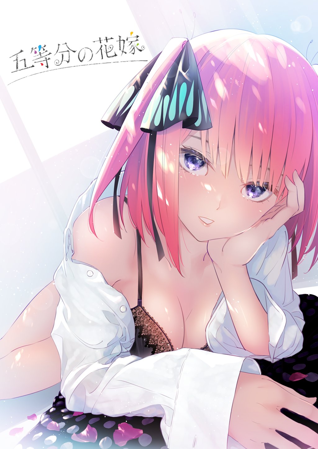 1girl black_bra blue_eyes blush bra breasts cleavage collarbone furai go-toubun_no_hanayome hair_ornament hair_ribbon hand_on_own_chin hand_on_own_face highres large_breasts legs lens_flare lips looking_at_viewer lying nakano_nino open_clothes open_shirt red_hair ribbon short_hair smile sunlight underwear undressing