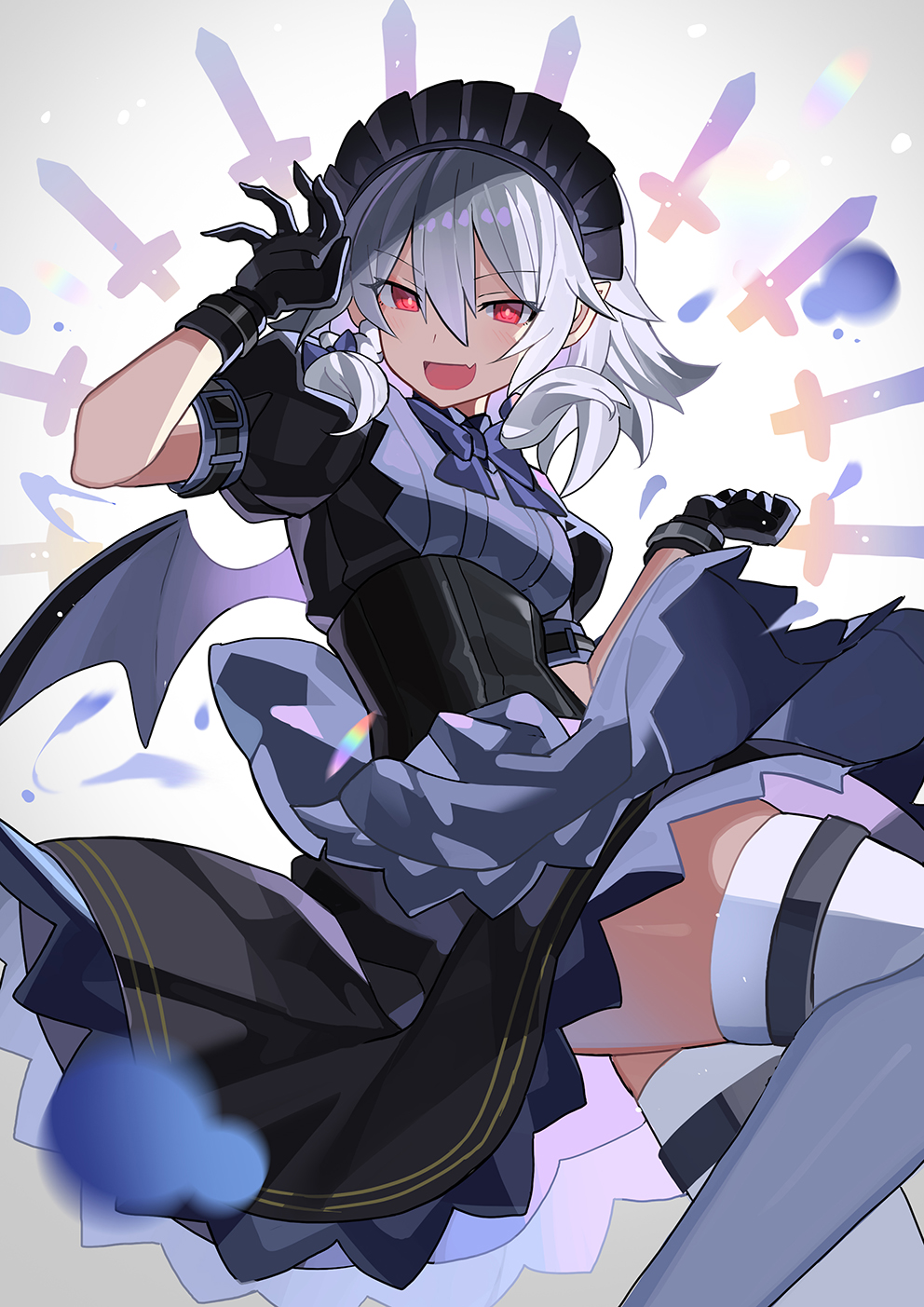 1girl alternate_color bat_wings black_eyes black_gloves black_skirt blue_bow blue_bowtie blurry blurry_foreground bow bowtie cosplay duplicate eyebrows_visible_through_hair falken_(yutozin) fingernails gloves grey_hair hair_between_eyes highres izayoi_sakuya izayoi_sakuya_(cosplay) long_fingernails looking_at_viewer maid maid_headdress mini_wings open_mouth petals pixel-perfect_duplicate red_eyes remilia_scarlet short_hair skirt smile solo touhou very_long_fingernails white_legwear wings zettai_ryouiki