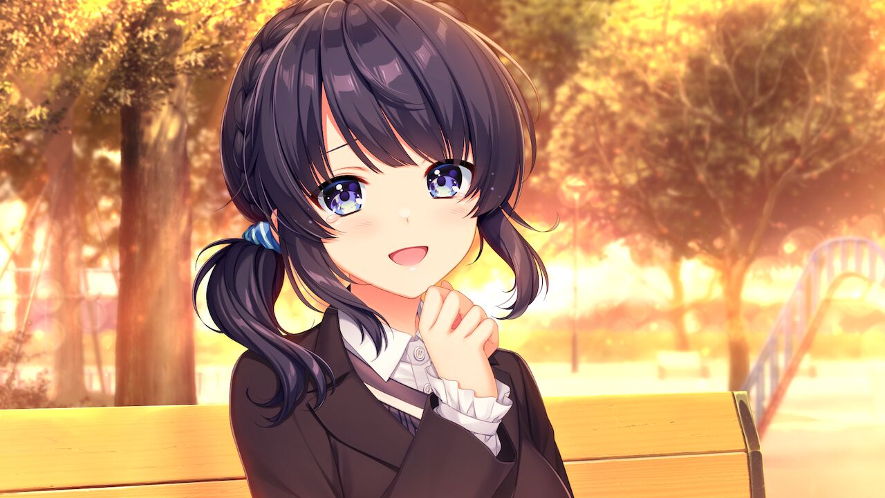 1girl :d alpha_(yukai_na_nakamatachi) bangs bench black_hair black_jacket blue_eyes blue_scrunchie blush collared_shirt dress_shirt dusk game_cg hair_ornament hair_over_shoulder hair_scrunchie jacket long_hair long_sleeves looking_at_viewer outdoors scrunchie shiny shiny_hair shirt sitting smile solo sousaku_kanojo_no_renai_koushiki striped striped_scrunchie tears tsukimizaka_kiriha upper_body white_shirt wing_collar