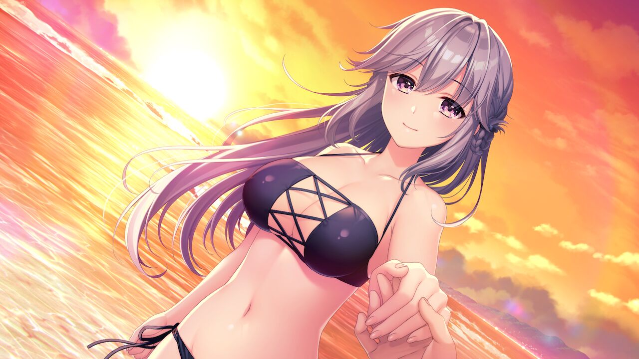 1girl alpha_(yukai_na_nakamatachi) bangs bikini black_bikini black_ribbon blush braid breasts cleavage closed_mouth collarbone dusk dutch_angle eyebrows_visible_through_hair floating_hair game_cg gradient_sky hair_between_eyes halterneck holding_hands large_breasts long_hair looking_at_viewer navel ocean orange_sky outdoors pink_eyes ribbon side-tie_bikini sky smile solo_focus sousaku_kanojo_no_renai_koushiki standing sunset swimsuit very_long_hair white_hair yukisaki_erena