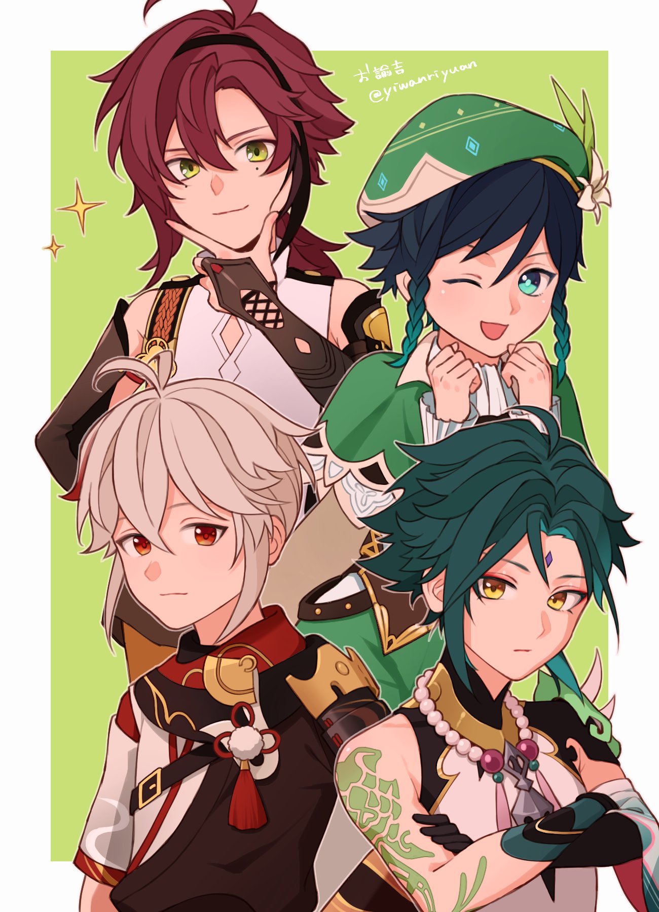 4boys aiguillette aqua_eyes arm_tattoo asymmetrical_clothes bead_necklace beads beret black_choker black_hair braid brown_hair choker facial_mark flower forehead_mark genshin_impact gradient_hair green_eyes green_headwear hat hat_flower highres jewelry kaedehara_kazuha long_hair long_sleeves looking_at_viewer low_ponytail male_focus mole mole_under_eye multicolored_hair multiple_boys necklace one_eye_closed open_mouth parted_lips red_eyes red_hair shikanoin_heizou shirt short_hair short_sleeves shoulder_spikes sleeveless sleeveless_shirt smile spikes streaked_hair tassel tattoo twin_braids venti_(genshin_impact) white_hair xiao_(genshin_impact) yellow_eyes