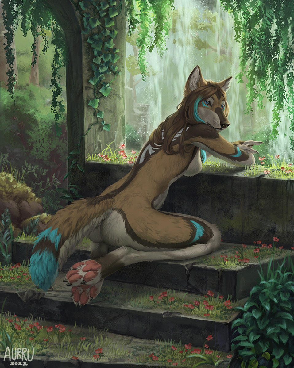 2022 4_toes anthro aurru blue_eyes breasts brown_body brown_fur brown_hair canid canine canis clothed clothing day detailed_background digital_media_(artwork) feet female fingers forest fur grass hair hi_res looking_at_viewer mammal moss outside plant solo toes tree white_body white_fur wolf