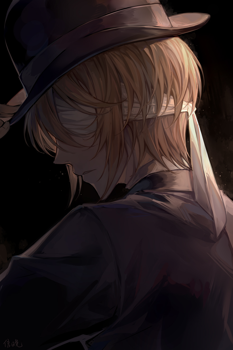 1boy arm_up ayuanlv bandage_over_one_eye black_background black_headwear black_jacket blonde_hair character_request from_side hand_on_headwear hat highres jacket male_focus parted_lips solo top_hat upper_body yuukoku_no_moriarty